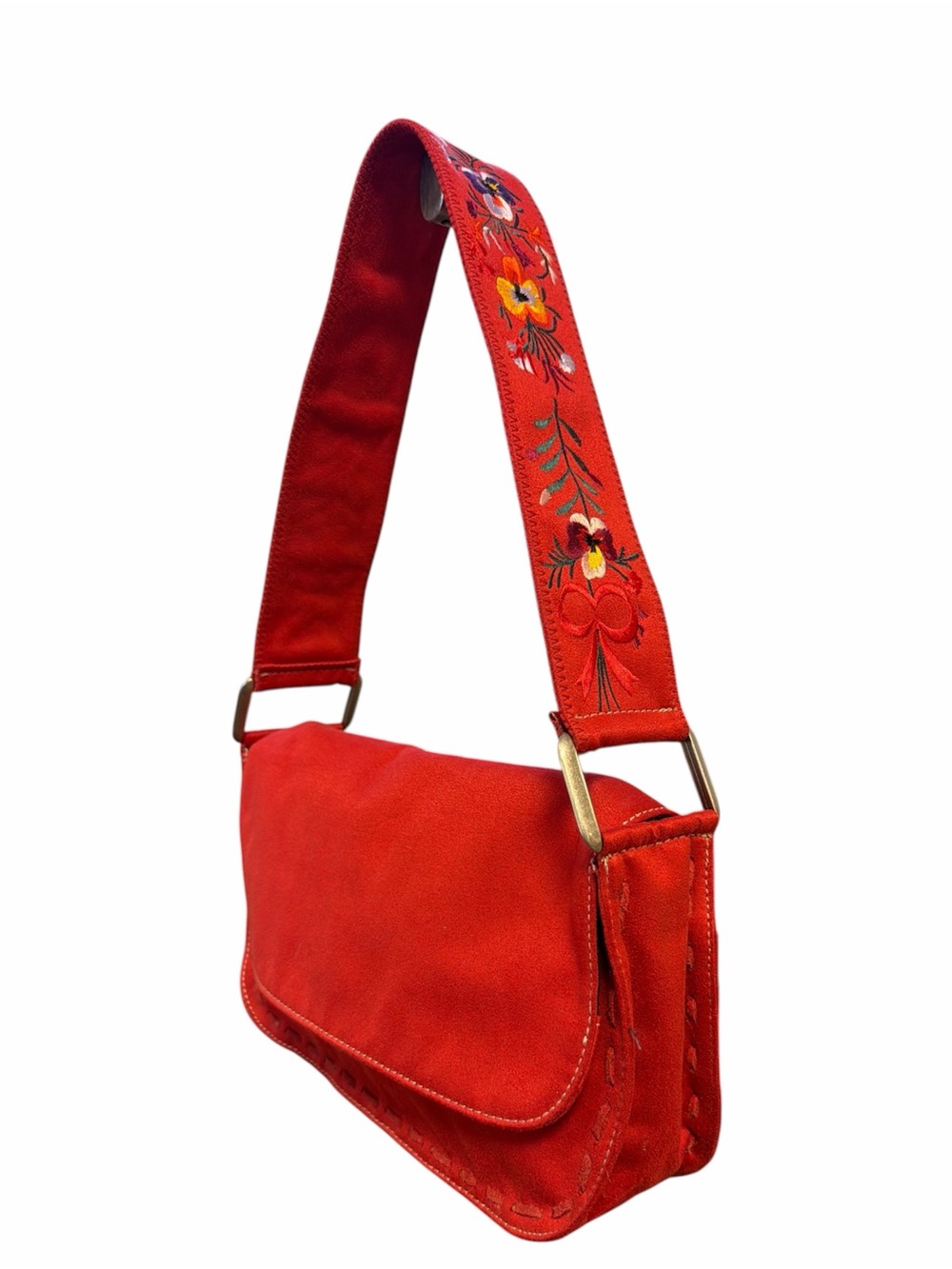 Vintage Nine West Red Embroidered Faux Suede Shoulder Bag